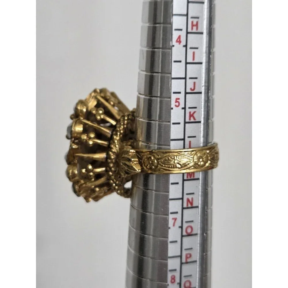 Vtg Florenza Ornate Gold Tone Rhinestone Faux Pearl Cocktail Ring Filigree